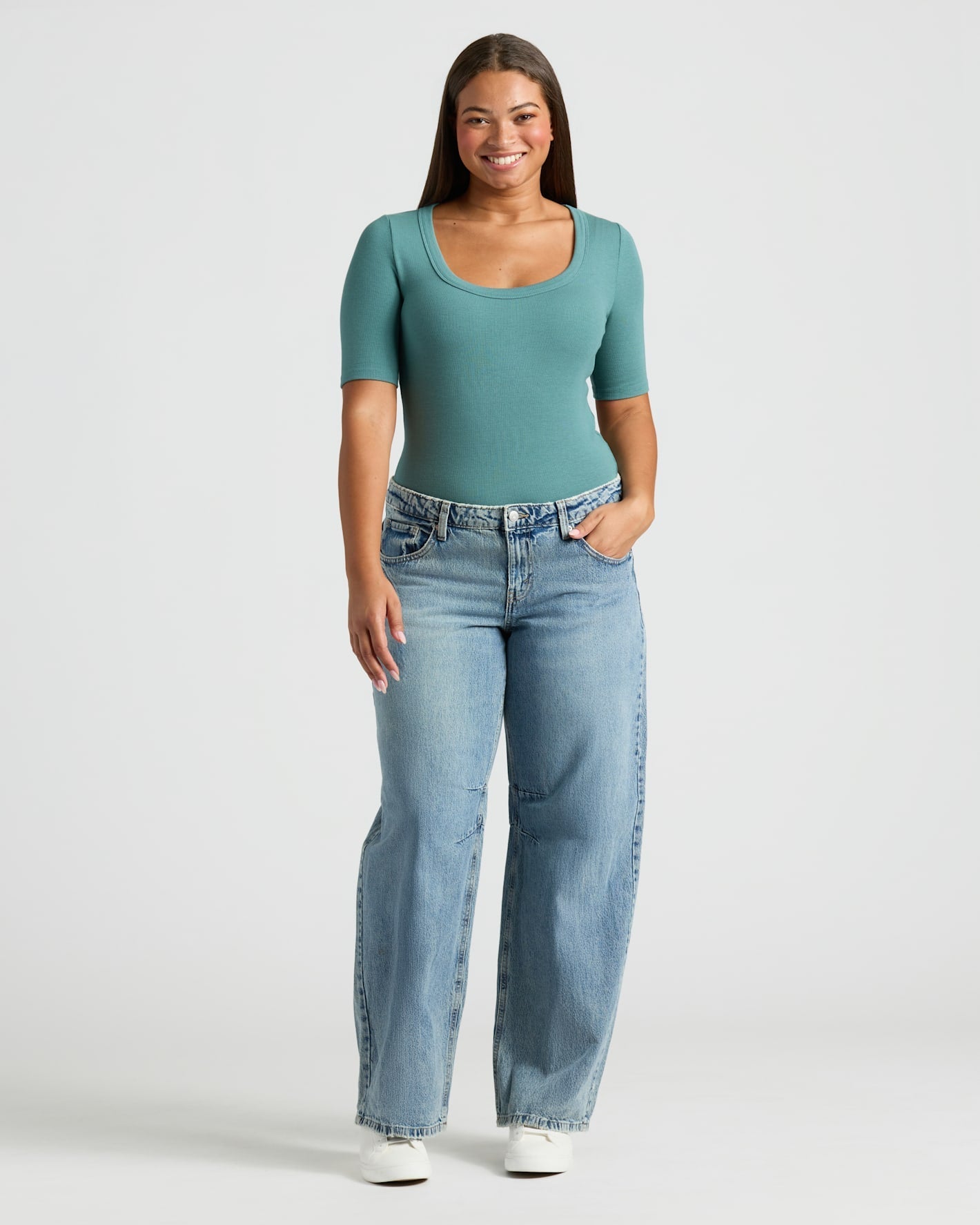 Womens Stormcloud Ribbed 3/4 Sleeve Scoop Neck Tee