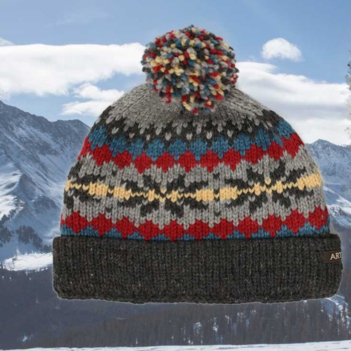 Charcoal/Yellow/Red with Pom Pom