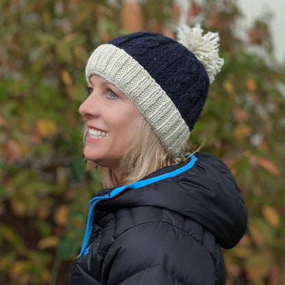 Alpaca Hat with Pompom and Fleece Lining-Apparel-Alpaca Direct-Navy/Ivory-Alpaca Direct