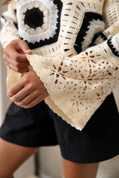 Ecru and Black Crochet Nael Blouse