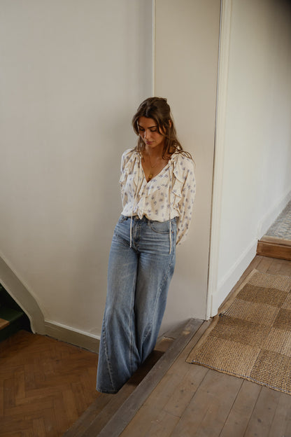 Ecru with Blue Floral Euredice Blouse
