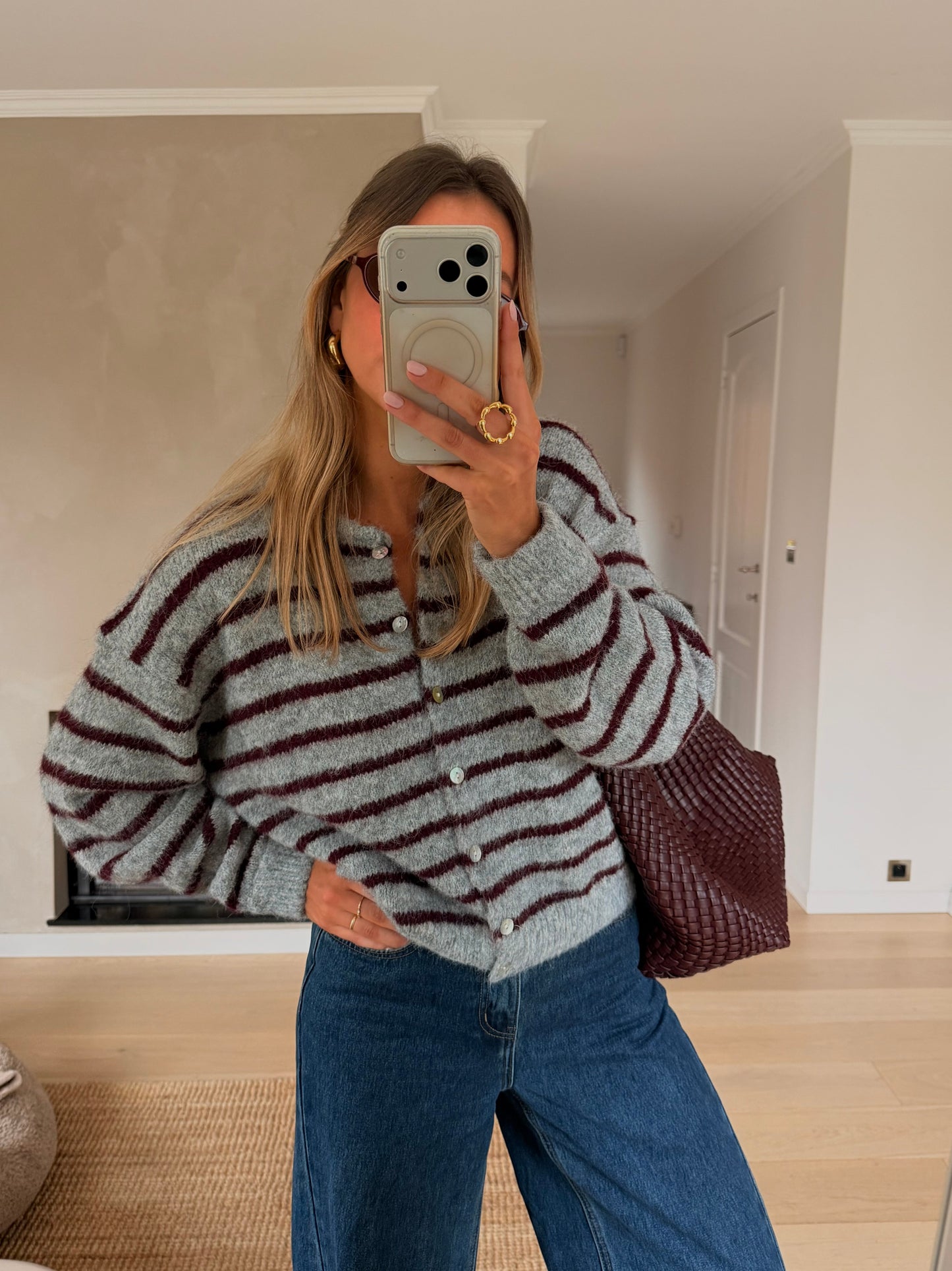 Grey and Burgundy Harris Cardigan