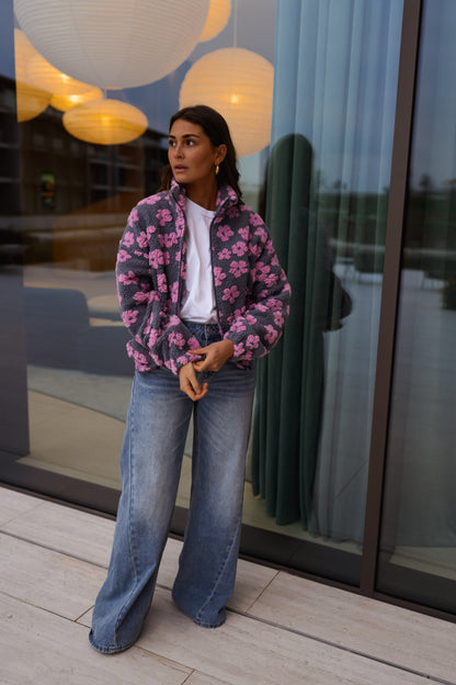 Grey with Pink Floral Tomas Fleece Jacket